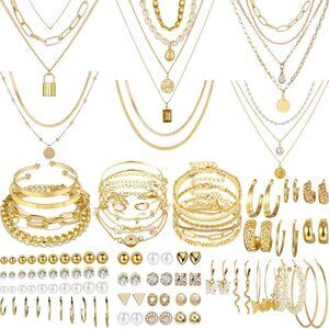 69 Pieces Gold Jewelry Set for Women Fashion Costume Jewelry Gold Plated Necklac